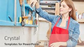 Presentation with apprentice - PPT theme having woman as apprentice of carpenter looking for the right tools background and a lemonade colored foreground