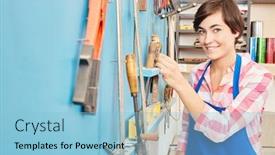  Presentation with apprentice - Colorful slides enhanced with woman as carpenter trainee or apprentice at workshop backdrop and a light blue colored foreground