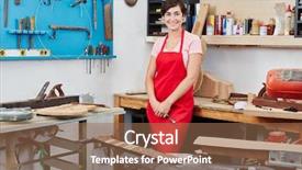  Presentation with craftsman - Presentation design featuring woman as craftsman and carpenter standing at her workshop background and a coral colored foreground