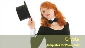  Presentation with hat - Beautiful PPT theme featuring woman as dandy taking black hat off isolated over white background backdrop and a violet colored foreground