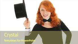  Presentation with graduation black graduate hat - Theme with woman as dandy with black silk hat isolated over white background background and a tawny brown colored foreground