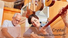  Presentation with workshop - Amazing PPT layouts having woman as luthier repairs harp backdrop and a coral colored foreground