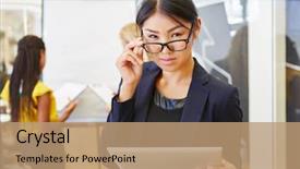  Presentation with conflict competence - Slide deck consisting of woman as manager with competence background and a  colored foreground