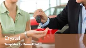  Presentation with auto dealership - PPT theme with woman at a car dealership background and a coral colored foreground