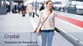 Presentation with train - PPT layouts having woman at a train station background and a light blue colored foreground