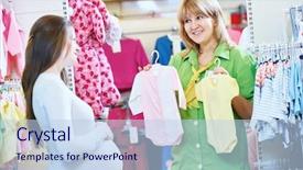 Presentation with baby clothes - Presentation theme featuring woman at baby shop store background and a light blue colored foreground