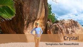  Presentation with beach - Theme having woman at beautiful beach wearing rash guard seychelles praslin anse lazio background and a coral colored foreground