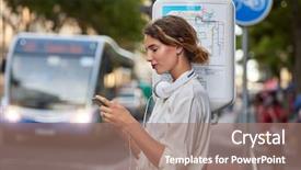  Presentation with bus stop - PPT theme featuring woman at bus stop background and a coral colored foreground