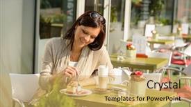  Presentation with cheesecake - Colorful slides enhanced with woman at cafe terrace eating backdrop and a yellow colored foreground