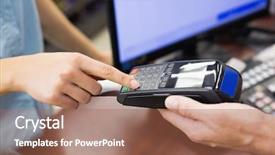  Presentation with credit card - Presentation design having woman at cash register paying background and a coral colored foreground