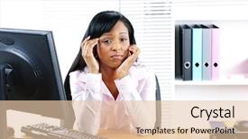  Presentation with woman office desk - PPT layouts enhanced with unhappy young black business woman at desk in office background and a lemonade colored foreground
