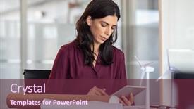  Presentation with digital project - Colorful presentation design enhanced with woman-at-desk-working backdrop and a tawny brown colored foreground