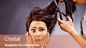  Presentation with hair tools and hairdressing concept - Presentation design featuring woman at hairdresser with iron background and a coral colored foreground