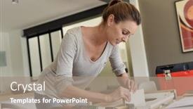  Presentation with new home - Presentation design enhanced with woman-at-home-assembling-new background and a coral colored foreground