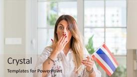  Presentation with woman covering man mouth hand - Cool new theme with woman at home holding flag backdrop and a coral colored foreground