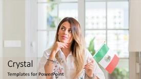  Presentation with mexico flag - PPT layouts having woman at home holding flag background and a coral colored foreground
