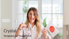  Presentation with japan flag - Slide set consisting of young woman at home holding flag of japan with surprise face pointing finger to himself background and a coral colored foreground