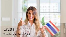  Presentation with flag - Slides enhanced with woman at home holding flag background and a  colored foreground