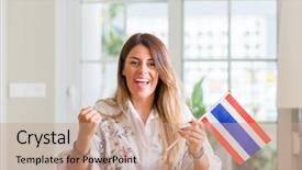  Presentation with indian flag for quiz show - Amazing slide set having woman at home holding flag backdrop and a  colored foreground