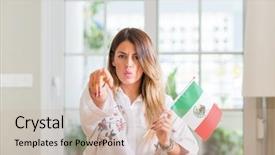  Presentation with mexico flag - Audience pleasing PPT theme consisting of woman at home holding flag backdrop and a soft green colored foreground