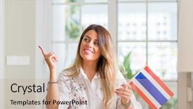  Presentation with happy young student girl holding - Presentation featuring woman at home holding flag background and a  colored foreground