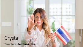  Presentation with flag - Audience pleasing slide set consisting of woman at home holding flag backdrop and a coral colored foreground