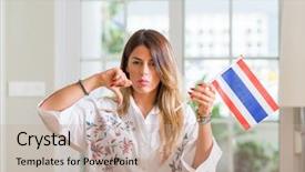  Presentation with flag - Audience pleasing slide set consisting of woman at home holding flag backdrop and a  colored foreground
