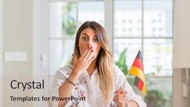  Presentation with woman covering man mouth hand - Colorful slide deck enhanced with woman at home holding flag backdrop and a coral colored foreground