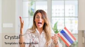  Presentation with woman hands raised to sky - Amazing slide deck having woman at home holding flag backdrop and a coral colored foreground