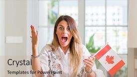 Presentation with canada flag - Audience pleasing theme consisting of french canadian - young woman at home holding backdrop and a coral colored foreground
