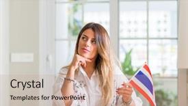  Presentation with flag - Cool new slides with woman at home holding flag backdrop and a  colored foreground