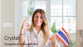  Presentation with flag - Colorful presentation theme enhanced with woman at home holding flag backdrop and a  colored foreground