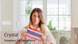  Presentation with smart home - Audience pleasing slides consisting of woman at home holding flag backdrop and a  colored foreground