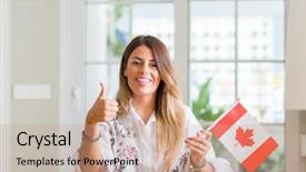  Presentation with canada flag - Audience pleasing presentation theme consisting of woman at home holding flag backdrop and a coral colored foreground