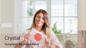  Presentation with japan flag - Beautiful PPT theme featuring woman at home holding flag backdrop and a coral colored foreground