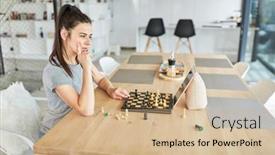  Presentation with virtual - Cool new PPT theme with woman-at-home-playing-chess backdrop and a coral colored foreground