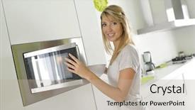  Presentation with home - Audience pleasing slides consisting of woman at home using microwave backdrop and a mint green colored foreground