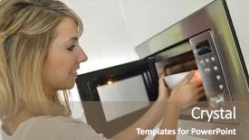  Presentation with woman praying over bible - Cool new PPT theme with woman at home using microwave backdrop and a coral colored foreground
