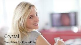  Presentation with television watching - Beautiful PPT theme featuring woman-at-home-watching-television backdrop and a coral colored foreground