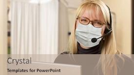  Presentation with medical desk - PPT theme having woman-at-medical-office-desk background and a mint green colored foreground