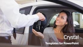  Presentation with salesman - Cool new PPT theme with woman at new car showroom backdrop and a tawny brown colored foreground