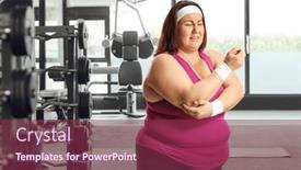  Presentation with pain - PPT layouts having woman-at-the-gym-holding background and a violet colored foreground