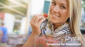  Presentation with strawberries - Slides with woman at the outdoor fresh market eating strawberries background and a coral colored foreground