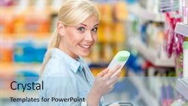  Presentation with retail shopping center - Presentation theme having woman at the shopping center choosing cosmetics among the great variety of products concept of consumerism retail and purchase background and a light blue colored foreground