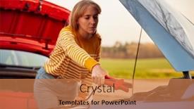  Presentation with car engine - PPT theme consisting of woman-attaching-jumper-cable background and a coral colored foreground
