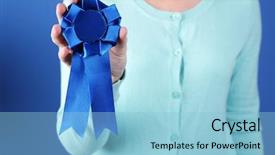 Presentation with blue award - Audience pleasing PPT theme consisting of woman with award ribbon close backdrop and a light blue colored foreground