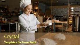  Presentation with dough - PPT theme with woman-baker-in-uniform-sows background and a tawny brown colored foreground