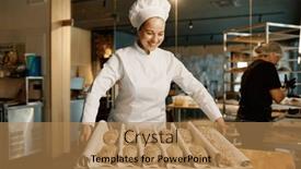  Presentation with pastries - PPT theme consisting of woman-baker-preparing-sweet-buns background and a coral colored foreground