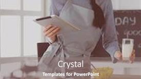  Presentation with recipe - Presentation design having woman baking at home following recipe on a tablet background and a gray colored foreground