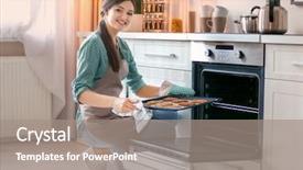  Presentation with baking cookies - PPT theme featuring woman baking cookies in oven background and a gray colored foreground